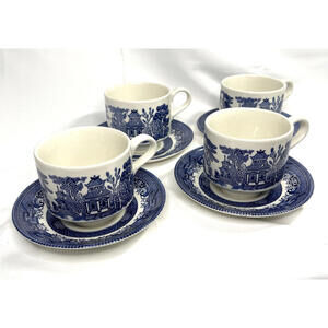 Churchill England Blue Willow Saucer Plate and Tea Cup - Set of 4 Vintage Pieces